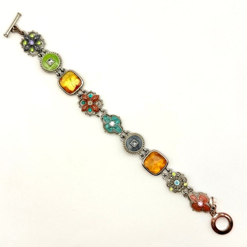 Vtg Signed Napier Enamel Panel Link Crystal Floral Bracelet Filigree Silver Tone